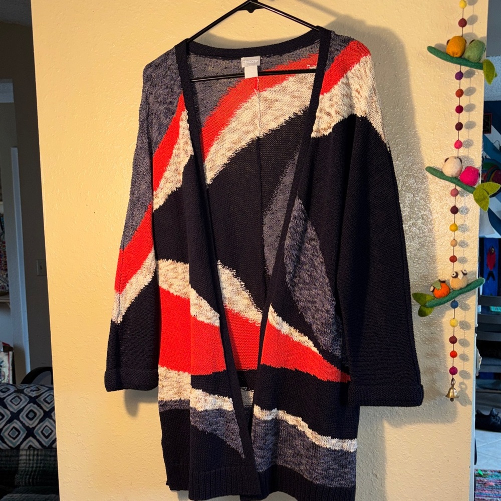 EUC CHICO’S abstract print colorful cardigan knit sweater featuring a blue, c